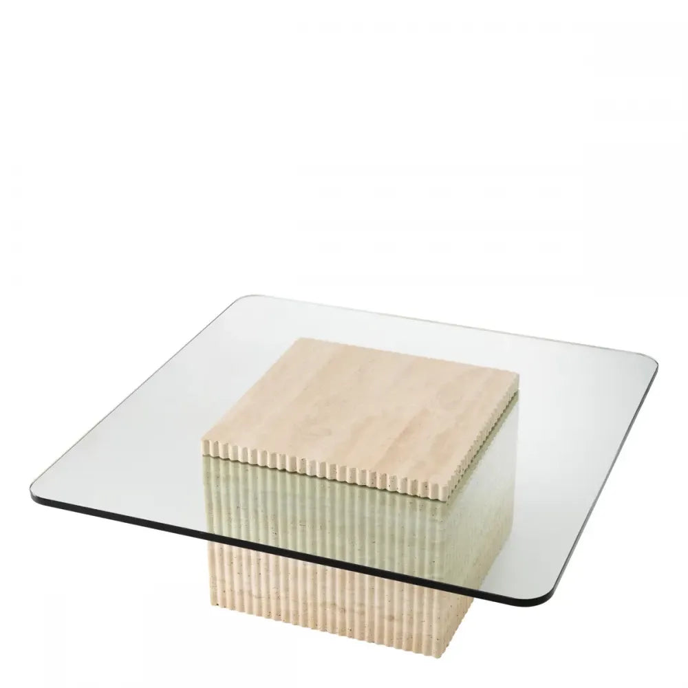 Masuta de cafea Patrata din Travertin Bej si Sticla Transparent L90xl90cm Brindisi Eichholtz