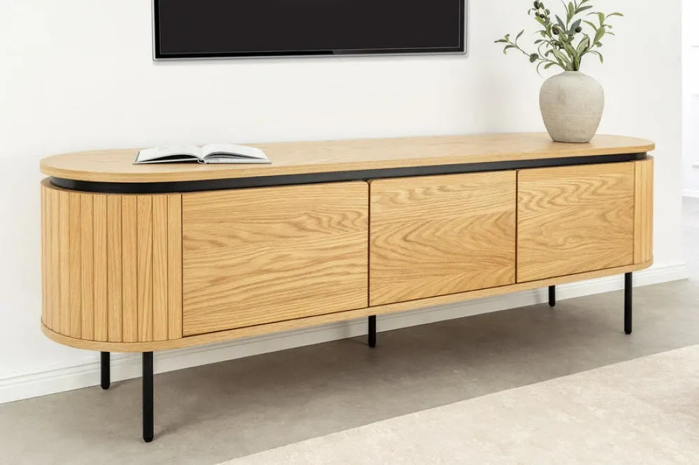 Comoda TV din MDF/Furnir de stejar Maro si Metal Negru L160xH55cm ATELIER