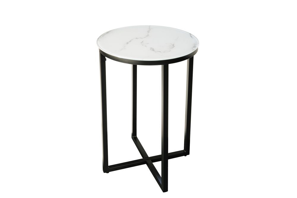 Masuta de colt Rotunda din Sticla securizata Alba si Metal Negru D40xH60cm Elegance