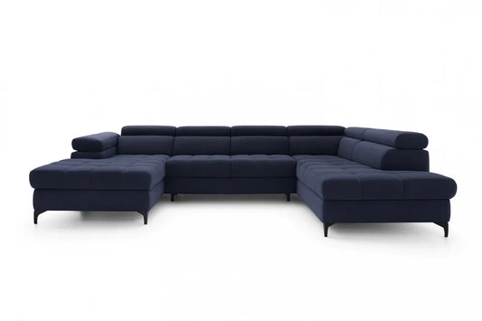 Coltar extensibil in forma de U si spatiu depozitare din catifea albastru Ferruce III L344 x 202cm