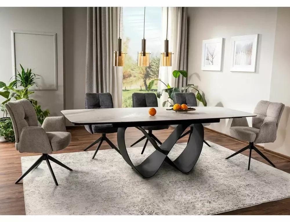 Masa Extensibila de 12 persoane din Sticla securizata+Ceramica Alb nature cloud si Metal Negru mat L160-240xH76cm Infinity