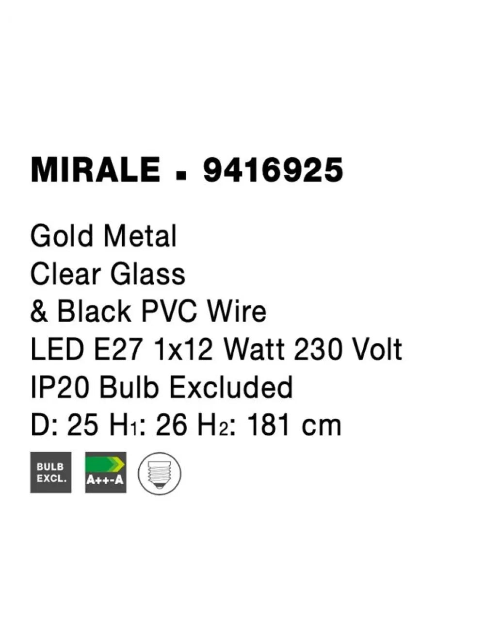 Pendul structura din Metal Negru/Auriu si abajur din Sticla Transparent H181xL25cm IP20 MIRALE