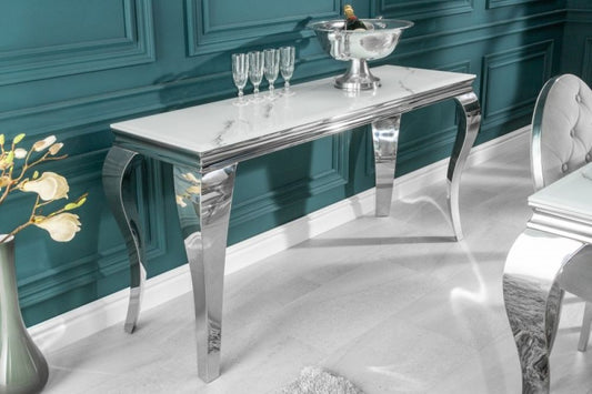 Consola din Sticla securizata si Otel inoxidabil alb/Argintiu Baroque L145xH75cm