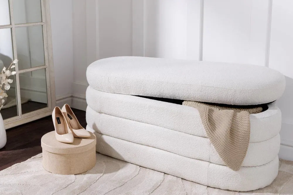 Bancheta cu spatiu de depozitare din Stofa boucle Alb H49xL113cm Voque