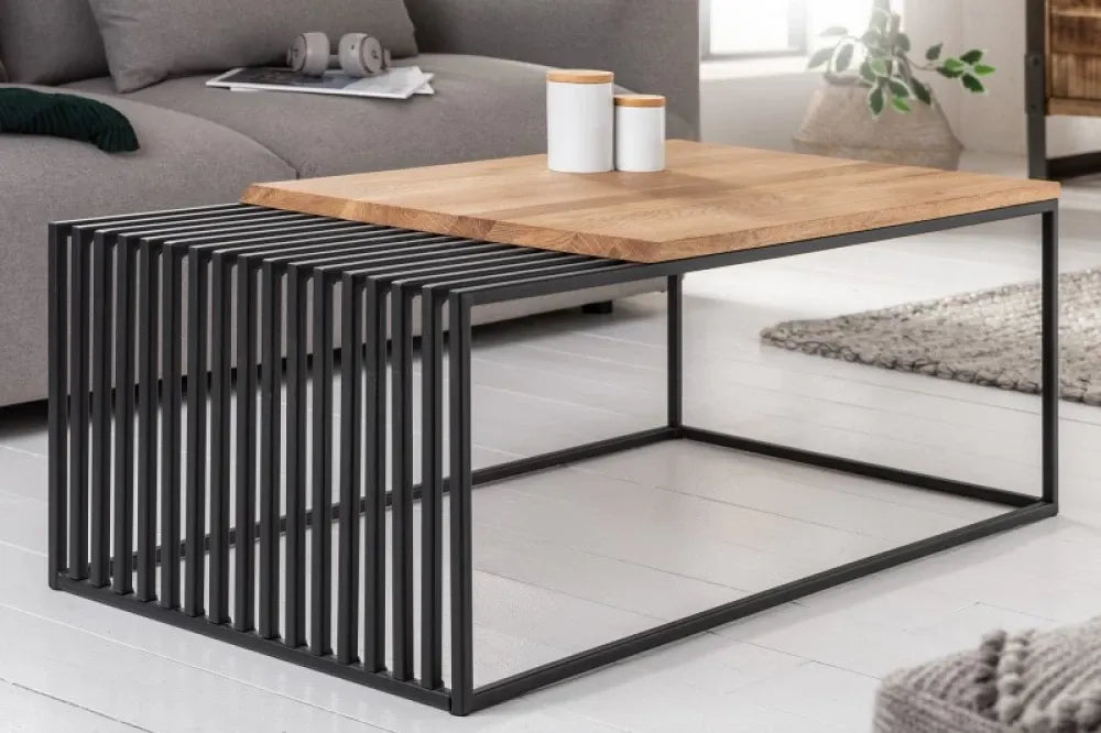 Masuta de cafea Dreptunghiulara din Lemn masiv de stejar Maro si Metal Negru L100xH40cm Architecture