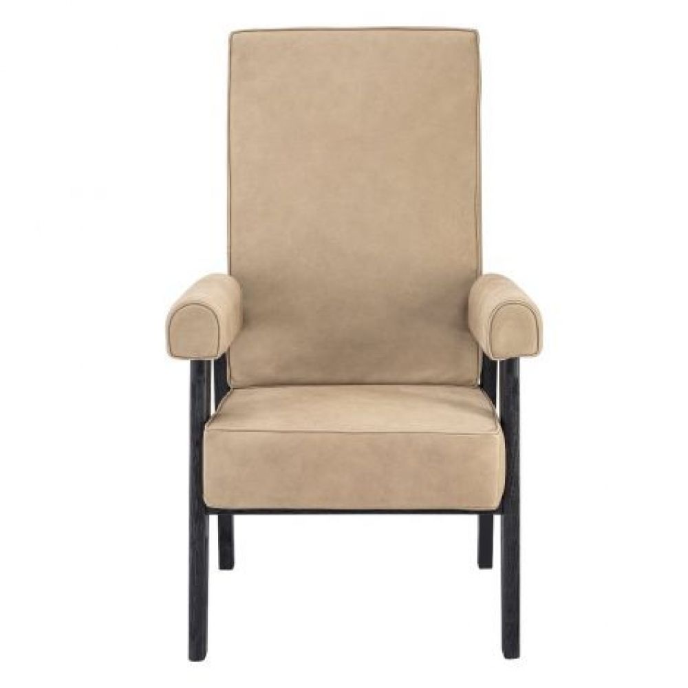 Fotoliu din Piele Bej cu baza din Lemn masiv de stejar Negru H123xL70xA78cm Milo