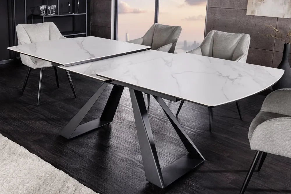 Masa din Sticla securizata/Ceramica Alb cu efect de marmura si Metal Negru L180-230xH77cm Concord