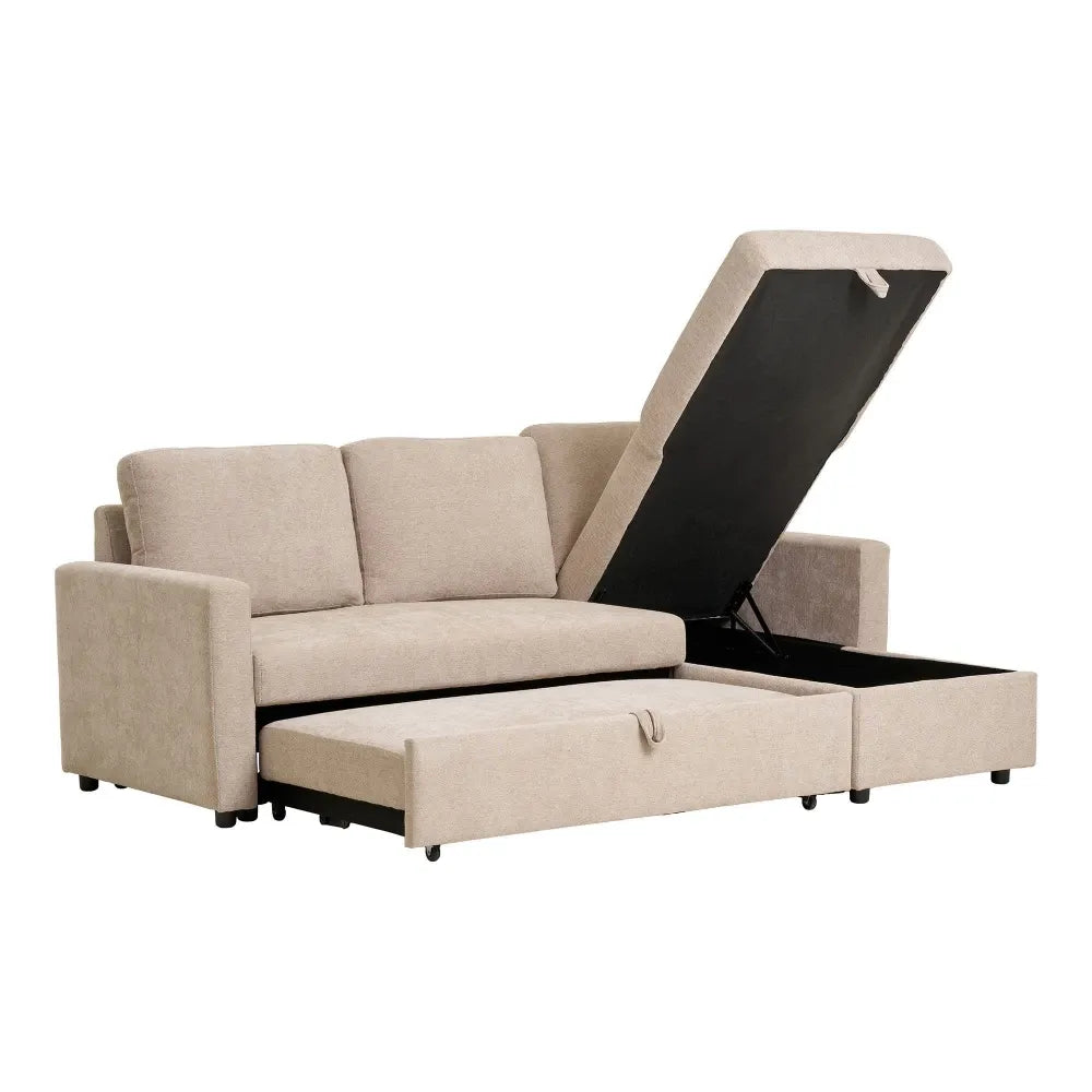 Coltar extensibil cu orientare reversibila si spatiu depozitare tapitat cu Stofa Bej L218xH87cm Belfast