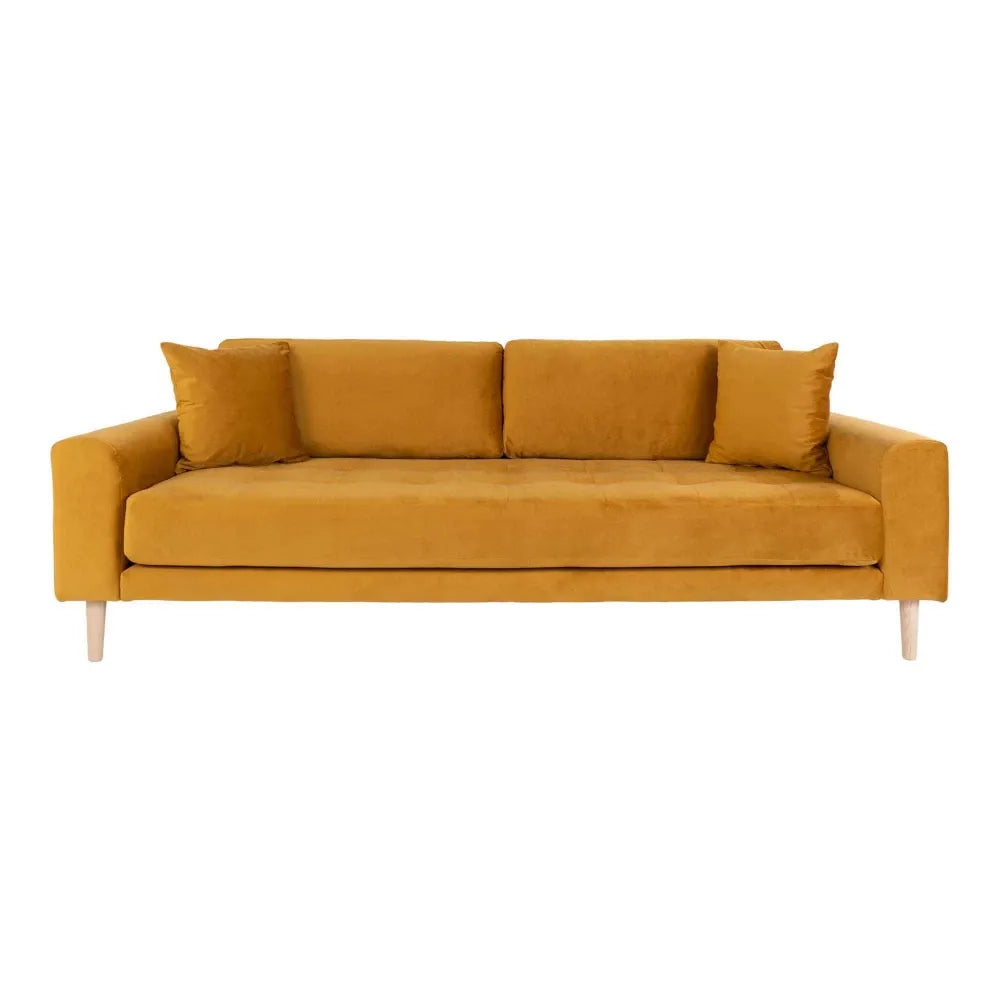 Canapea de 3 locuri cu picioare din lemn de fag maro tapitata cu Catifea Galben L210xH76cm Lido