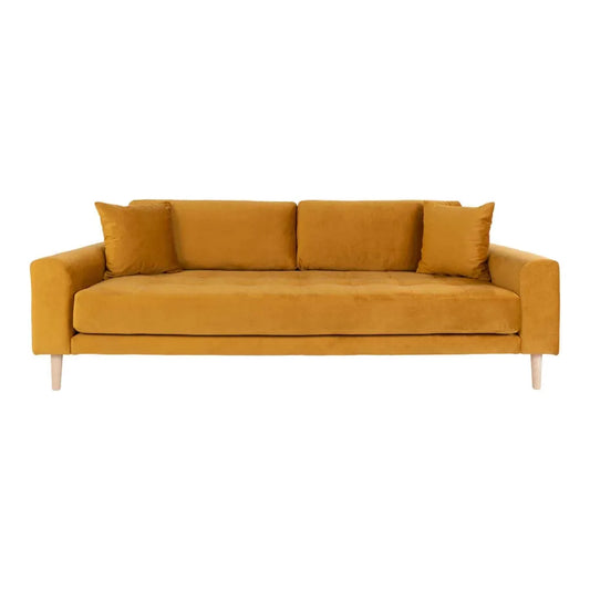 Canapea de 3 locuri cu picioare din lemn de fag maro tapitata cu Catifea Galben L210xH76cm Lido