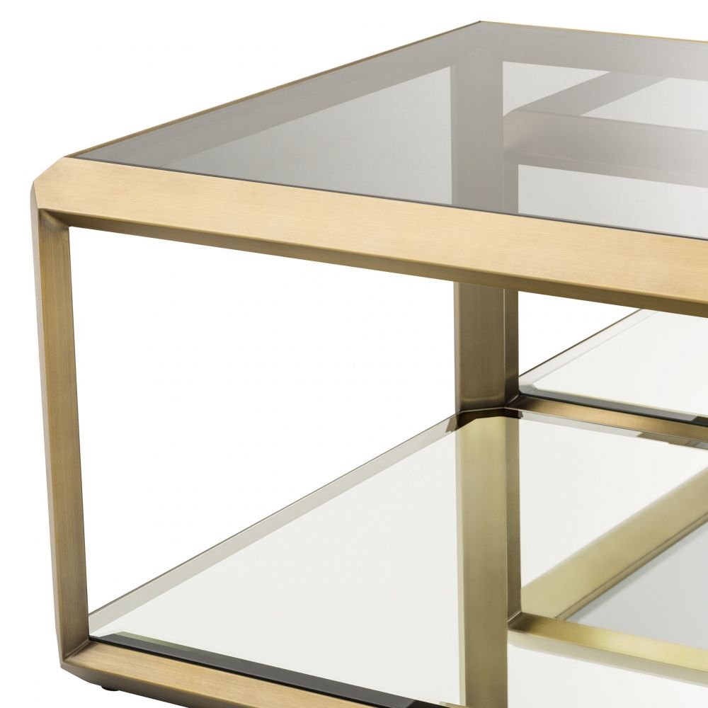Set 4 masute de cafea Patrate din Otel inoxidabil si Sticla Auriu/Transparent L75xH36/48cm Callum