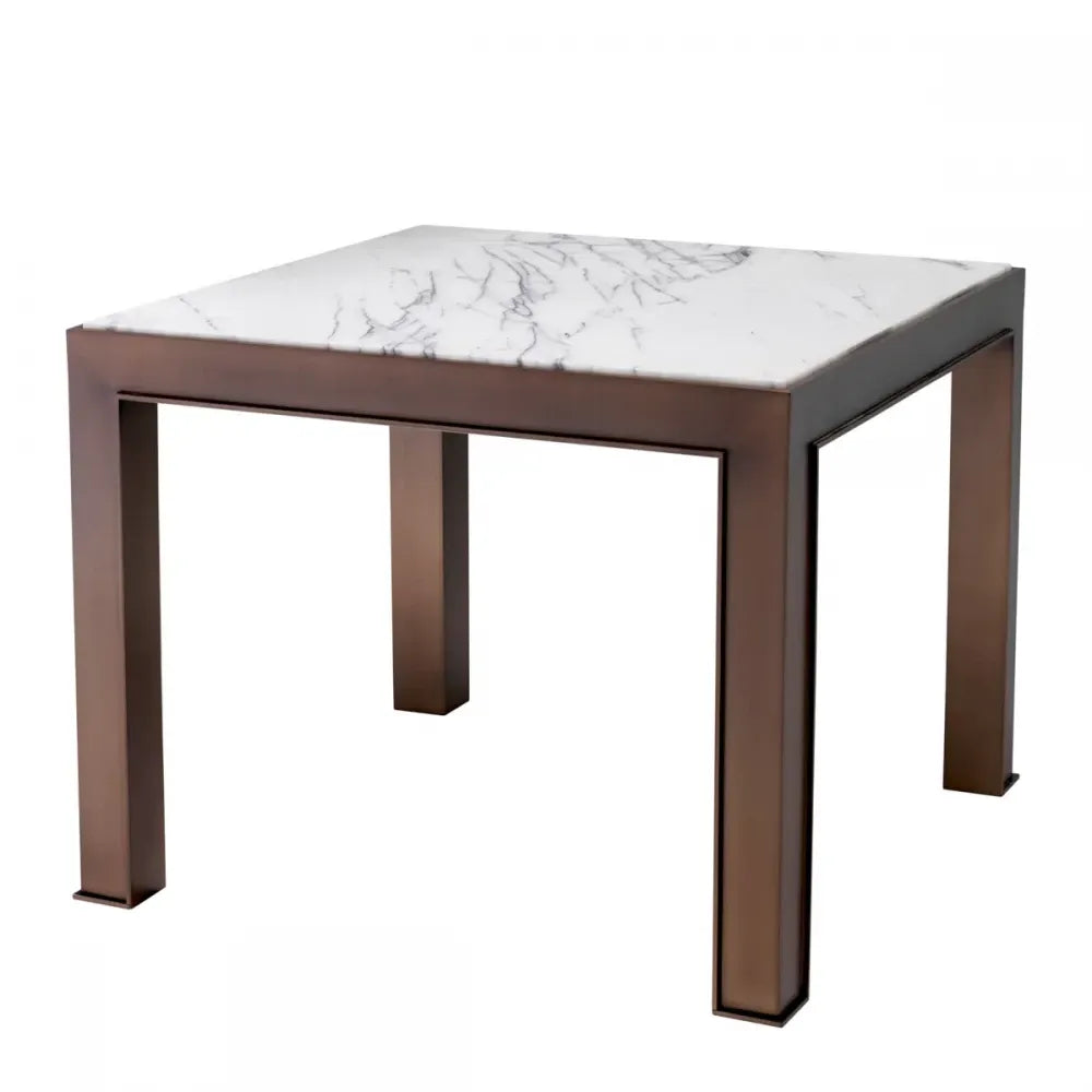 Masuta laterala Patrata din Otel inoxidabil Bronz si Marmura Alb L65xl65cm Tardieu Eichholtz