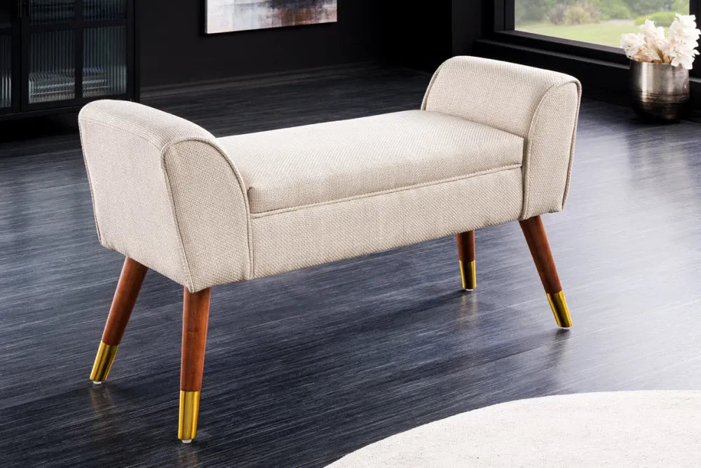 Bancheta din Lemn/Metal Maro/Auriu si textured fabric Bej H56xL90cm Scarlett