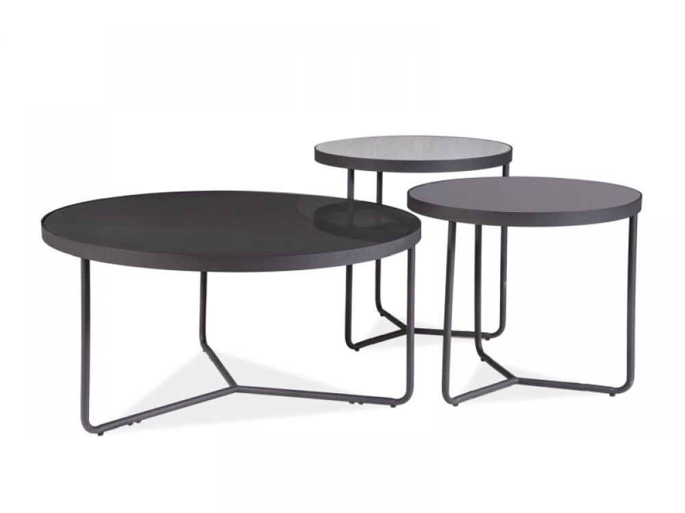 Set 3 masute de cafea rotunde din sticla securizata si Metal Gri/Negru D80/50/50xH40/45/50cm Artemis