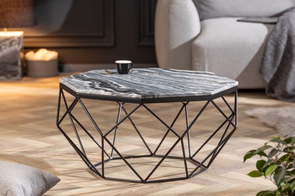 Masuta de cafea asimetrica din marmura si Metal Gri/Negru L69xH38cm Diamond