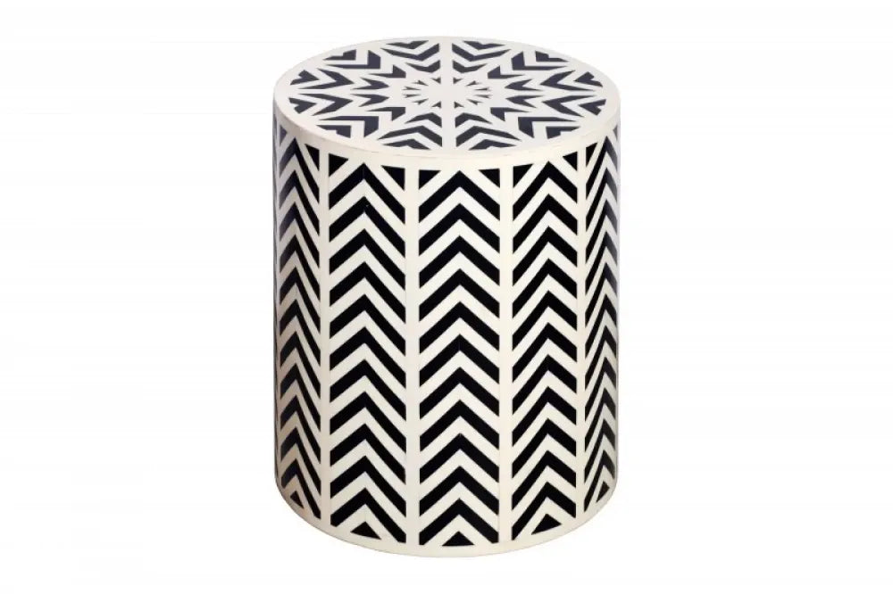 Masuta laterala Rotunda din Polirasina Alb/Negru D35xH45cm Bone Inlay