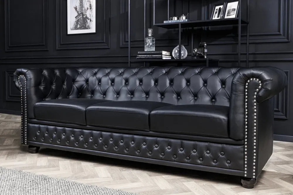 Canapea 3 locuri tapitat cu Piele artificiala Negru L205cm Chesterfield