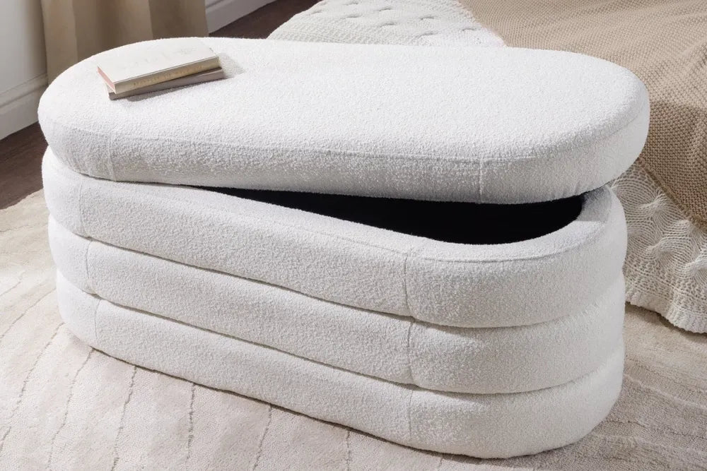 Bancheta cu spatiu de depozitare din Stofa boucle Alb H49xL113cm Voque