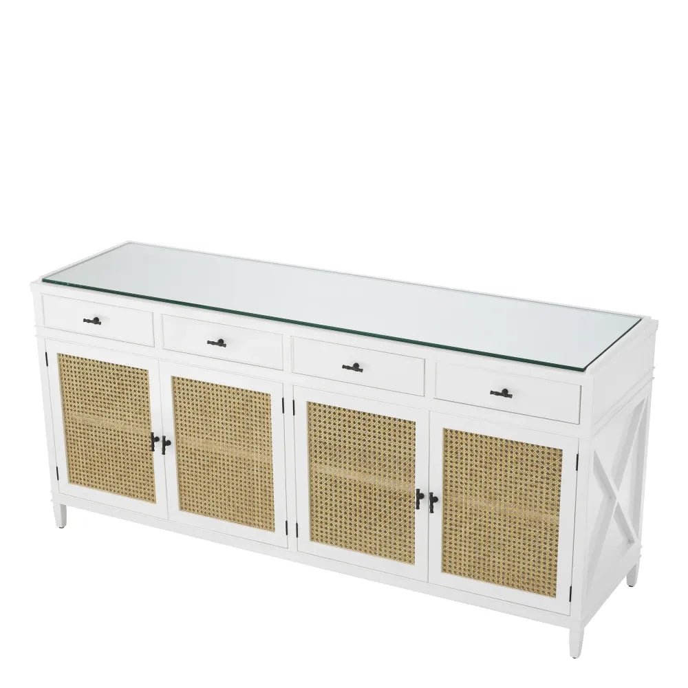 Comoda din Sticla Transparent si Lemn de mahon/MDF Alb L200xH92.5cm Bahamas Eichholtz