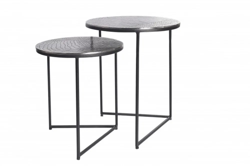 Set 2 masute laterale Rotunde din Metal Argintiu D35/40xH40/49cm Crocodile