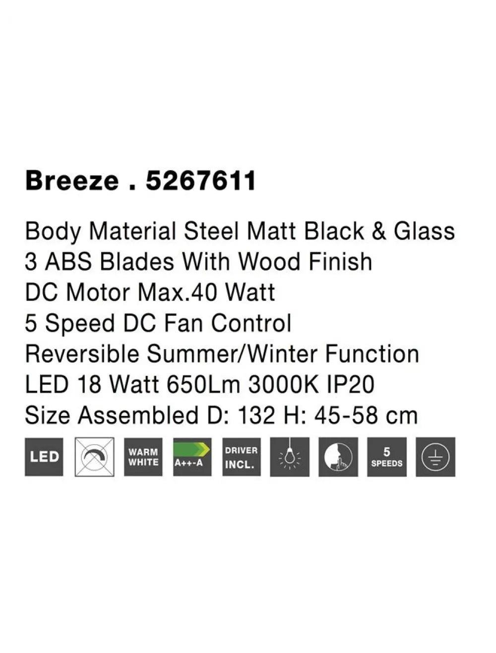 Ventilator structura din Metal Negru si abajur din Sticla Alb H45-58xL132cm IP20 18W 650lm 3000k BREEZE