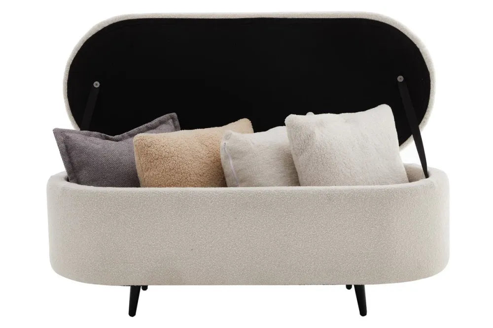 Bancheta cu spatiu de depozitare din Metal Negru si Stofa boucle Alb H45xL110cm Voque
