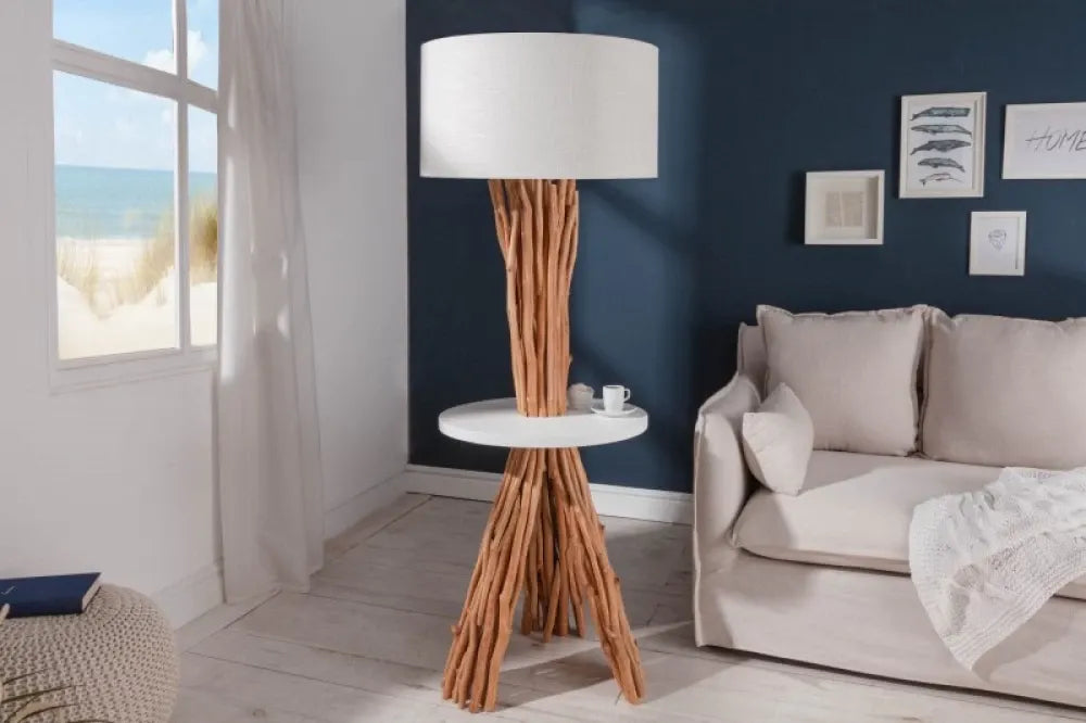 Lampa de podea din Lemn Maro si Textil Alb H153xD55cm Servant
