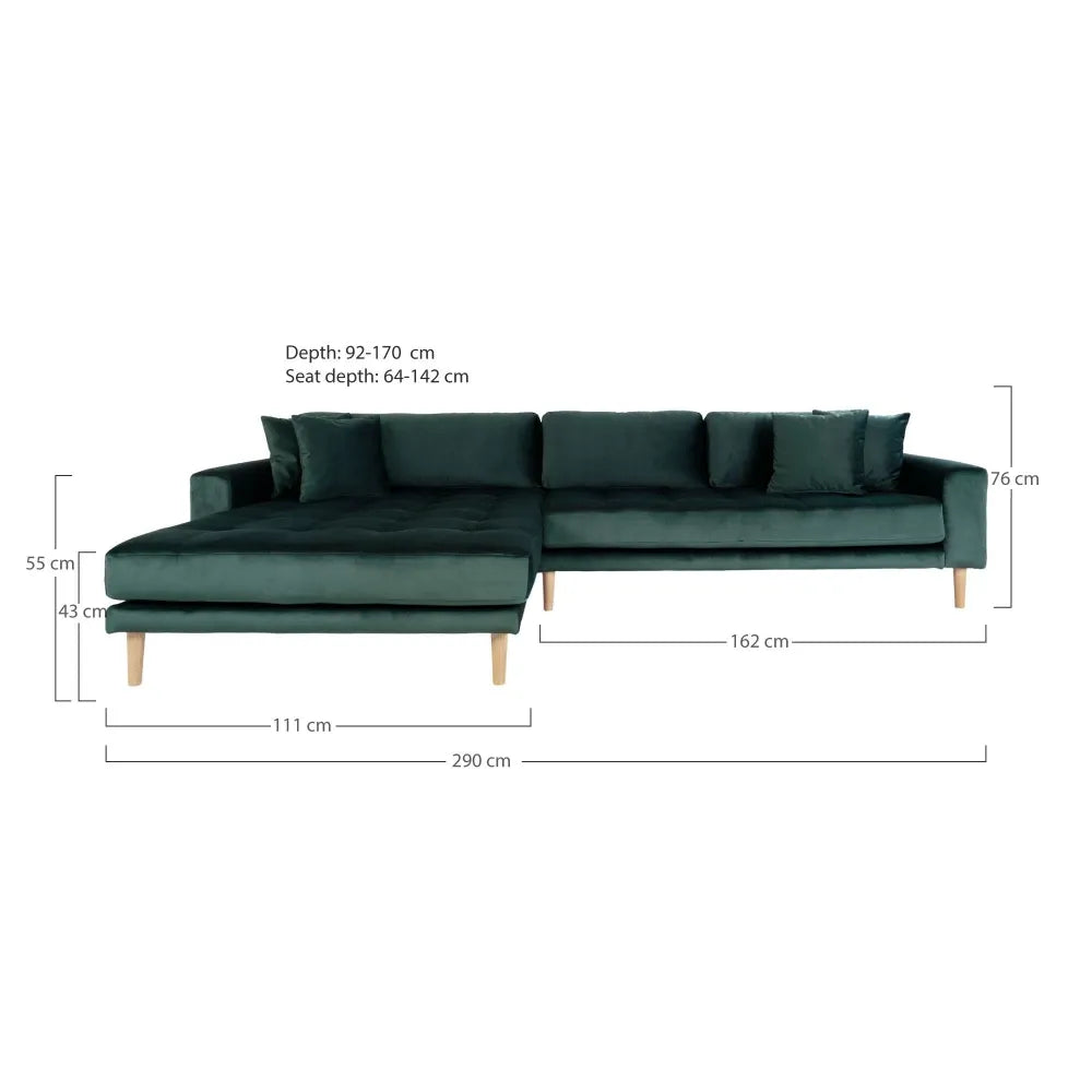 Coltar cu orientare stanga cu picioare din lemn de fag maro tapitat cu Catifea Verde L290xH76cm Lido