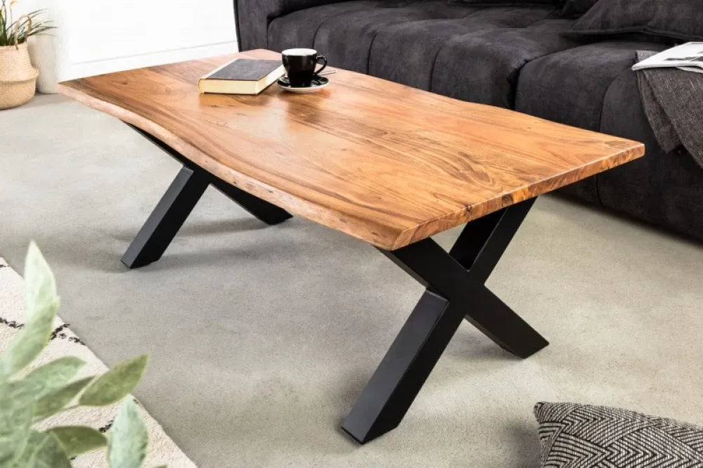 Masuta de cafea Dreptunghiulara din Lemn masiv de salcam Maro si Metal Negru L120xH45cm Mammut