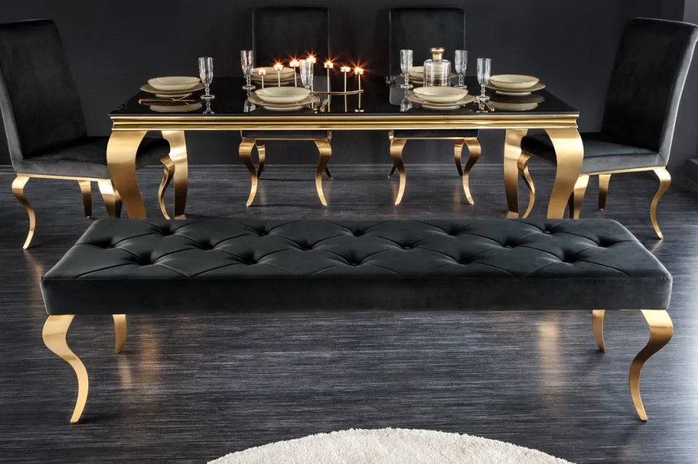 Bancheta din Otel inoxidabil Auriu si Catifea Negru H50xL172cm Modern Barock