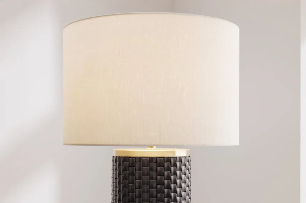 Veioza din Ceramica/Metal Negru/Auriu si Textil Alb D40xH70cm ELEGANCIA