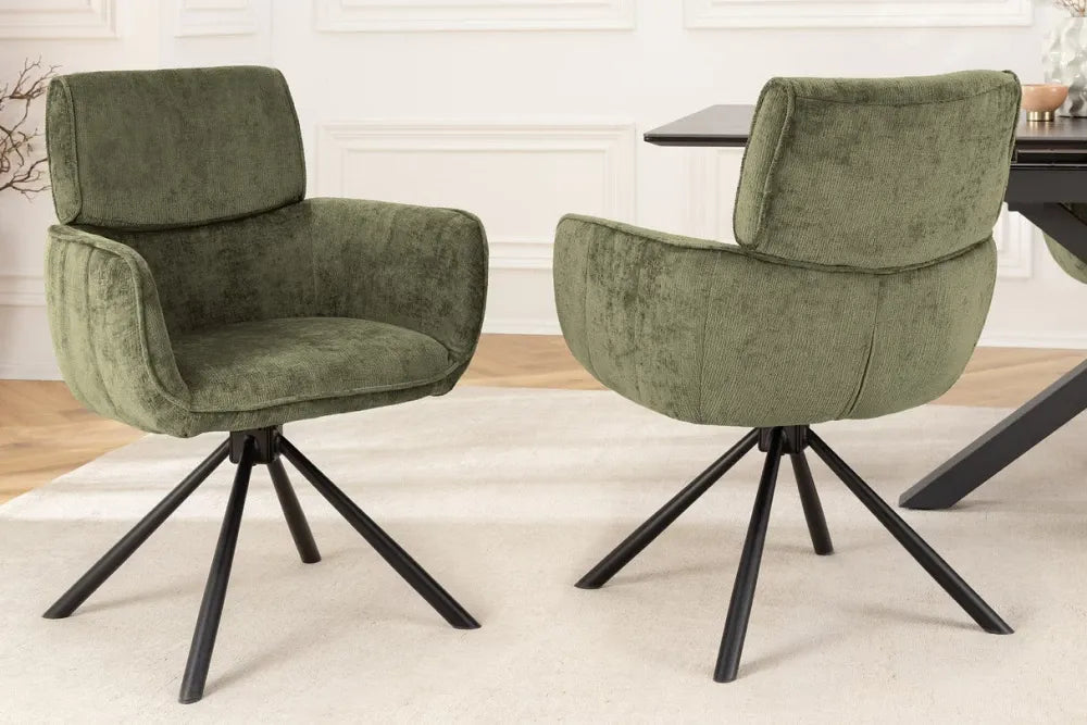 Set 2 scaune rotative cu brate  tapitat cu Chenille Verde si picioare din Metal Negru H84xL61xA64cm Unique