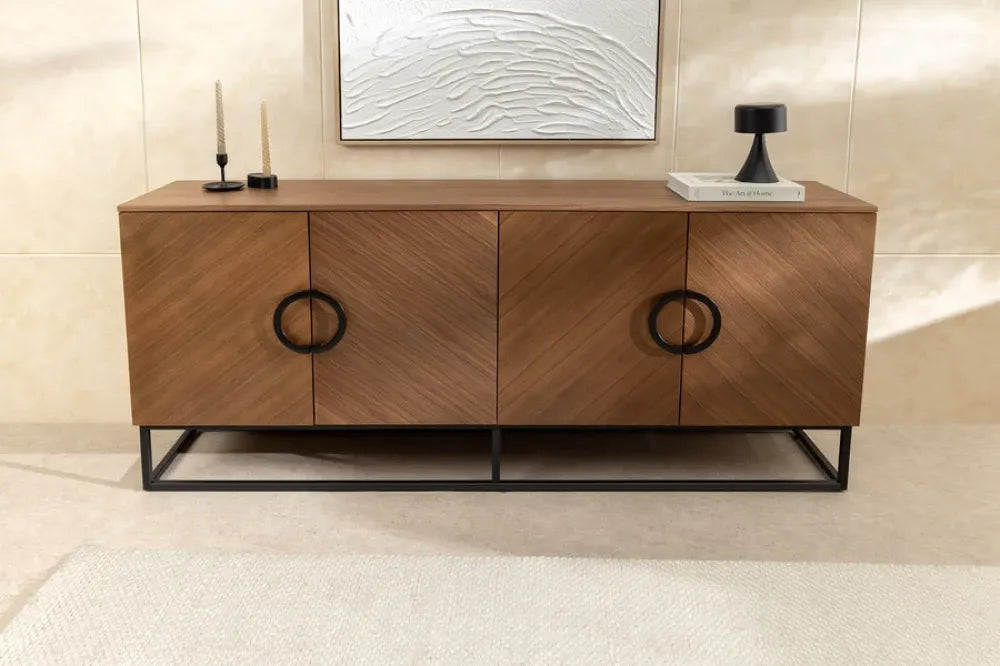 Comoda din MDF/Furnir de nuc Maro si Metal Negru L180xH80cm GRANDEZZA
