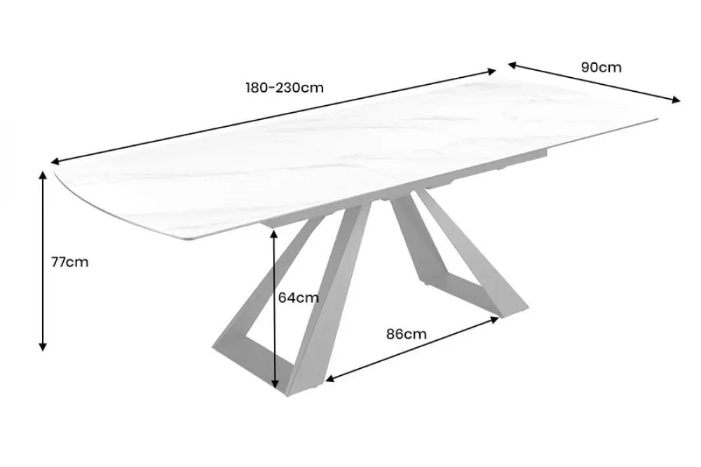 Masa din Sticla securizata/Ceramica Alb cu efect de marmura si Metal Negru L180-230xH77cm Concord