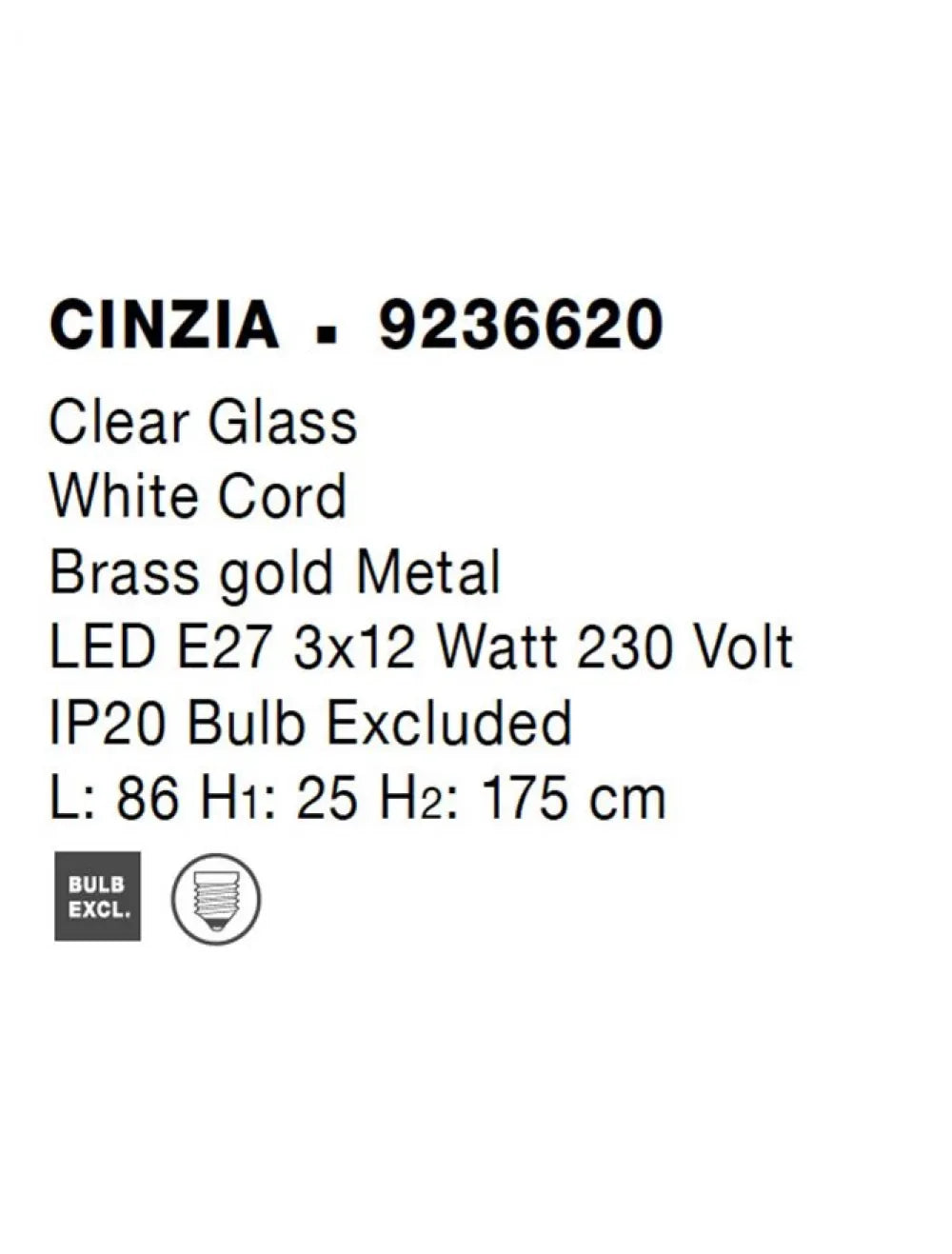 Lustra structura din Metal Alama si abajur din Sticla Transparent H175xL86cm IP20 CINZIA
