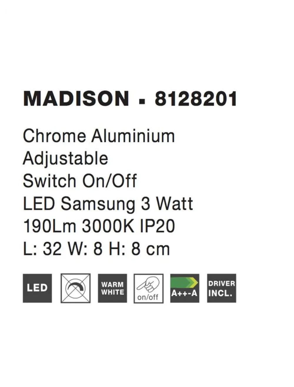 Aplica de perete din Aluminiu Argintiu H31xL32cm IP20 3W 190lm 3000k MADISON