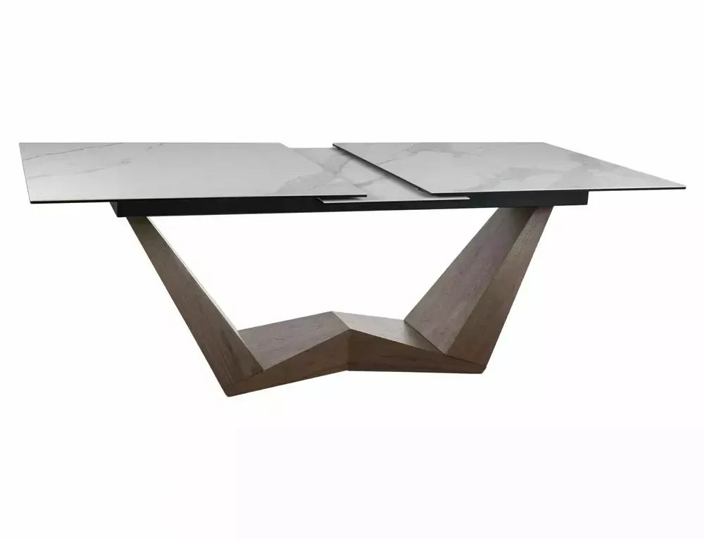 Masa Dreptunghiulara de 12 persoane din Sticla securizata+Ceramica Alb mat cu efect de marmura si MDF+furnir Maro L200-250xH76cm Bonucci