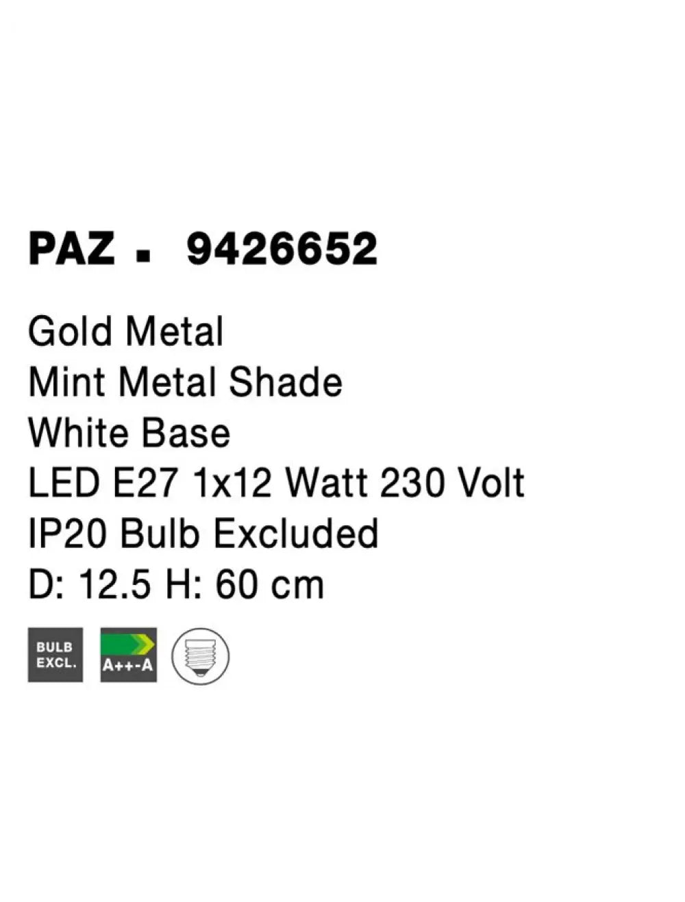 Veioza structura din Metal Auriu/Alb si abajur din Metal Verde H60xL12.5cm IP20 PAZ