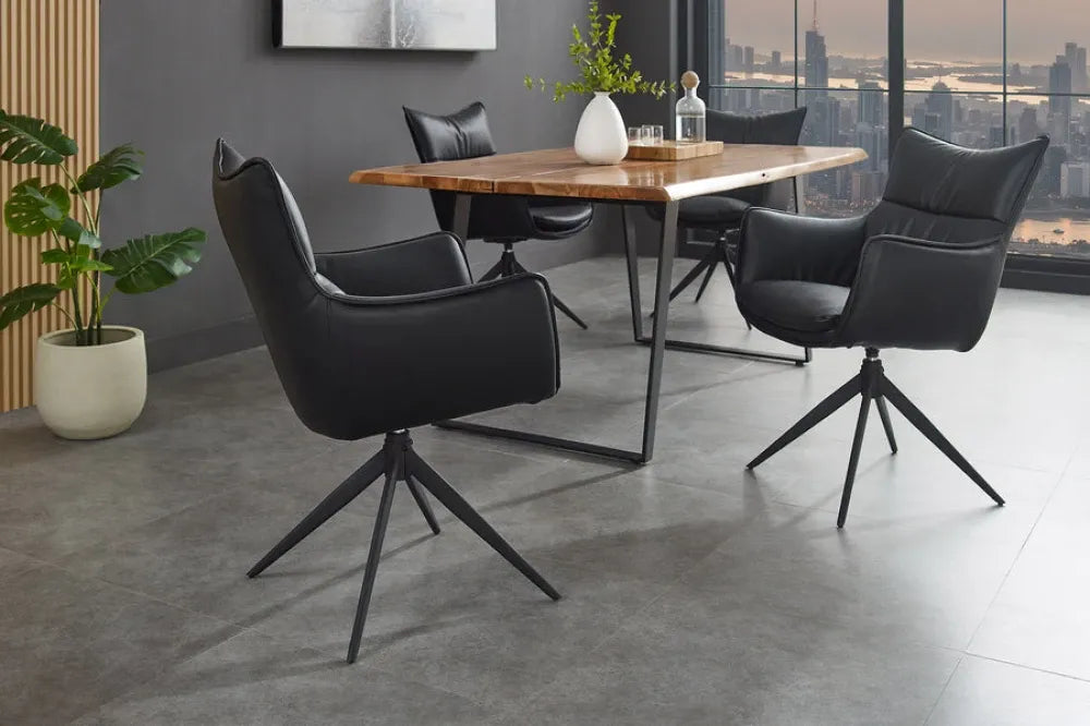 Set 2 scaune rotative tapitat cu Piele artificiala Negru si picioare din Metal Negru H92xL60xA64cm VOGUE