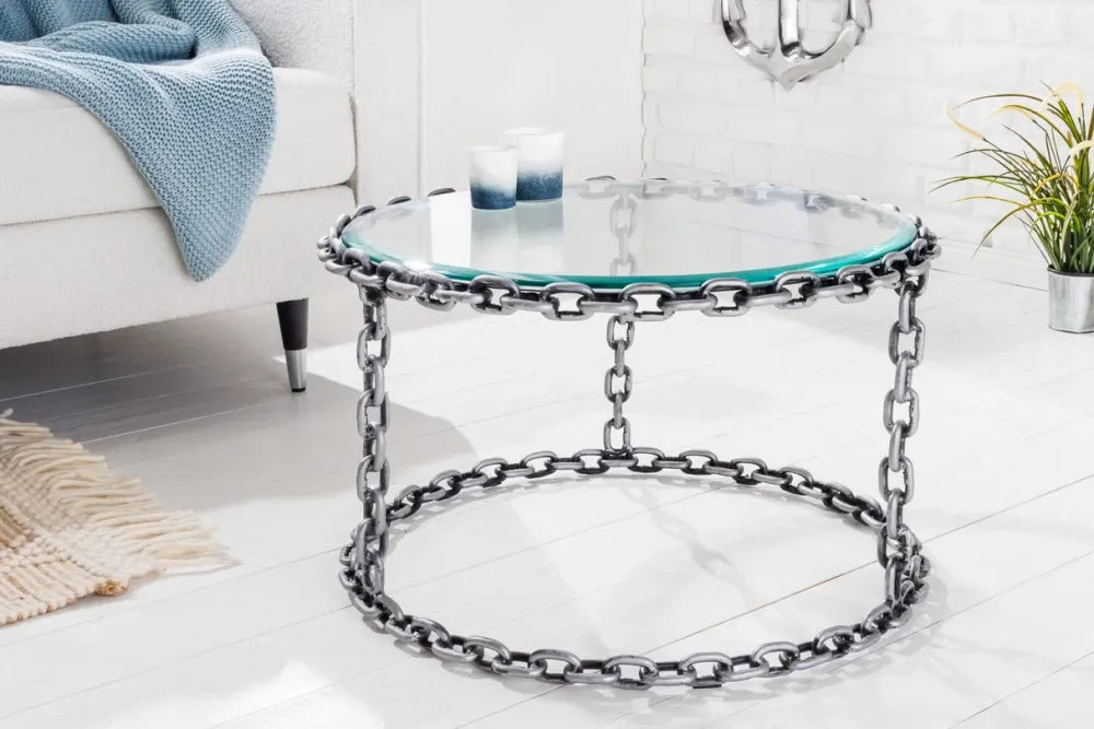 Masuta de cafea din Sticla securizata Transparent si Metal Argintiu L65xH40cm Chain