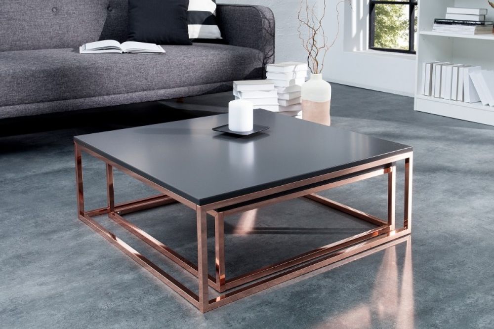 Set 2 masute de cafea patrate din MDF si Metal Negru/roz L75/65xH41/35cm Elements