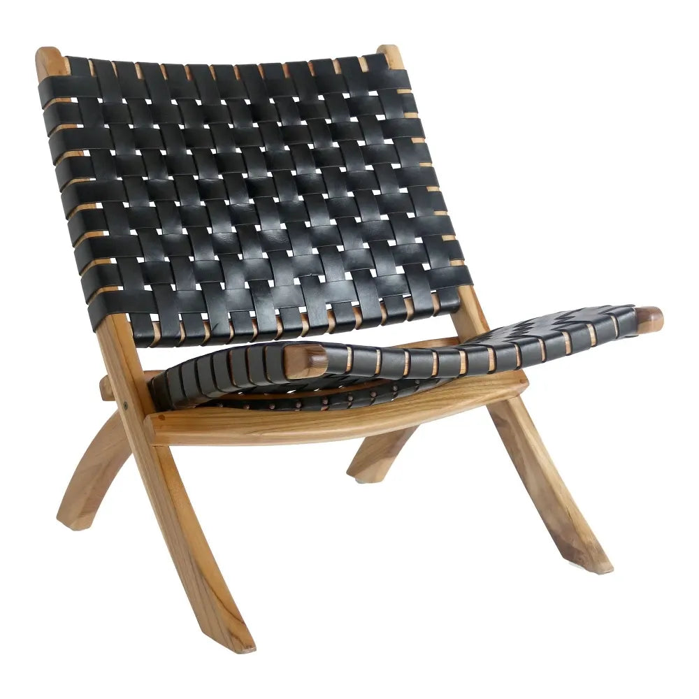 Fotoliu din Lemn de tec Maro si Piele Negru H73xL66xA74cm Perugia Folding