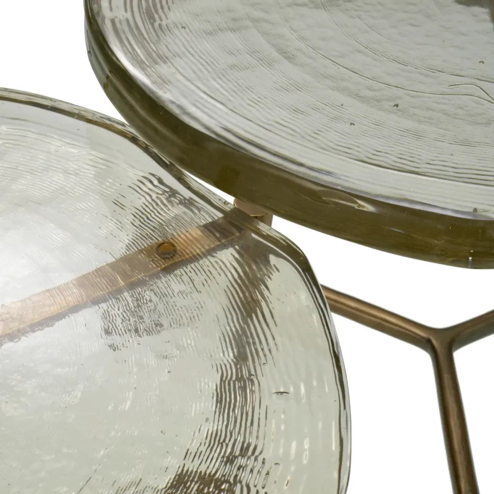 Set 3 masute de cafea Asimetrice din Aluminiu Alama si Sticla Transparent D62/64xH37/44/51.5cm Baldovini Eichholtz