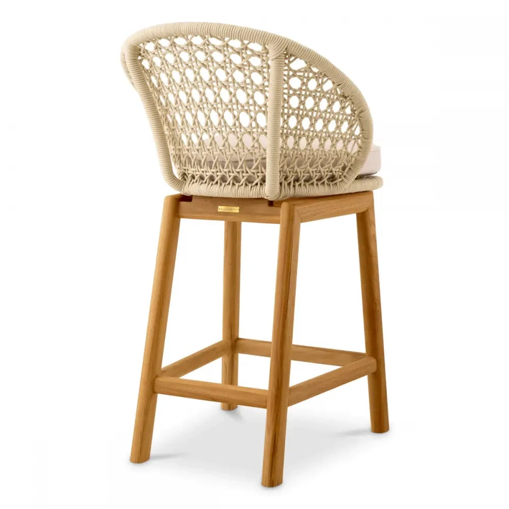 Scaun de insula pentru exterior din Lemn de tec Maro si Stofa Alb H92xL53.5xA41cm Trinity Eichholtz
