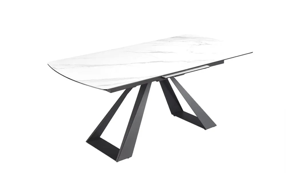 Masa din Sticla securizata/Ceramica Alb cu efect de marmura si Metal Negru L180-230xH77cm Concord