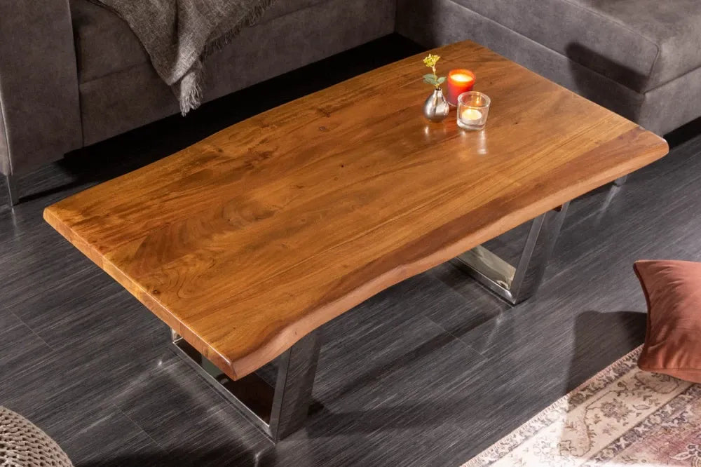 Masuta de cafea din Lemn de salcam Maro si Otel inoxidabil Argintiu L110xH40cm Mammut