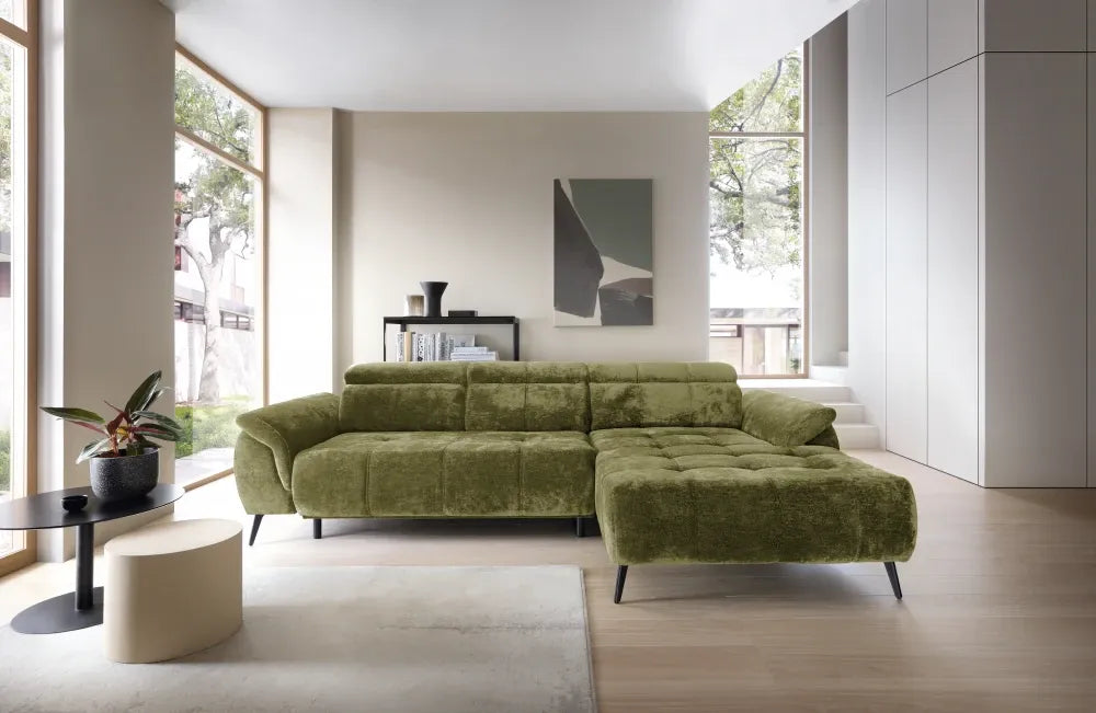 Coltar extensibil electric tapitat cu Chenille Verde cu lada depozitare Genova I
