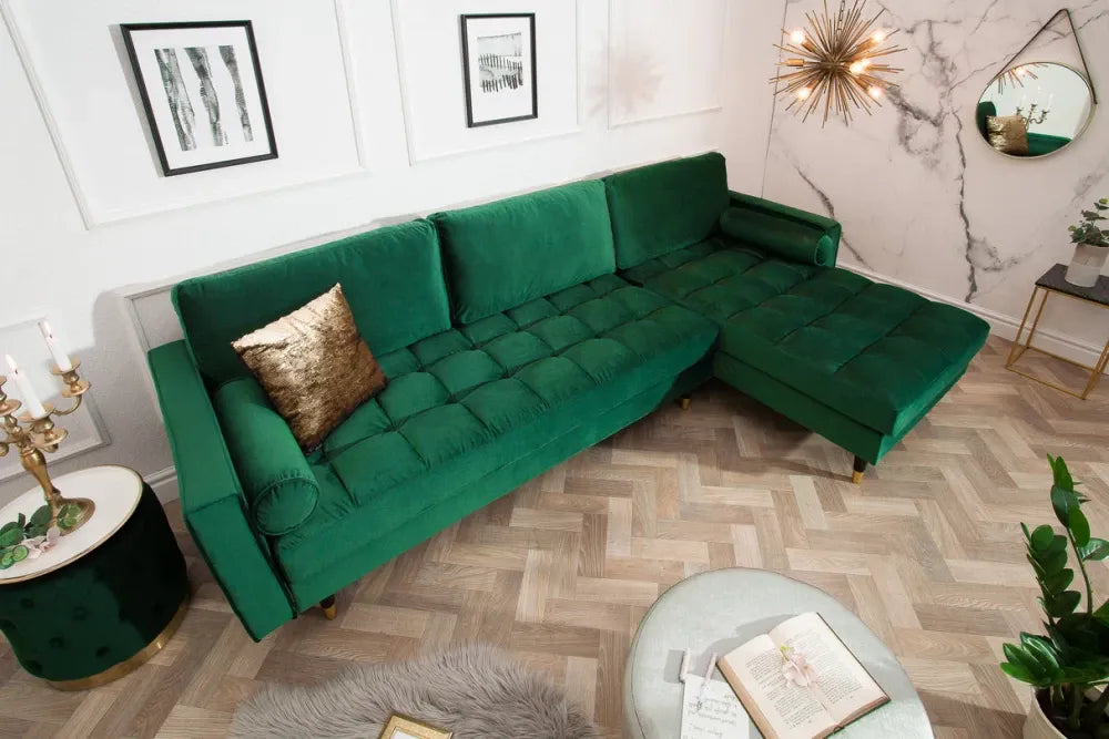 Coltar cu orientare reversibila tapitat cu Catifea Verde L260cm Cozy