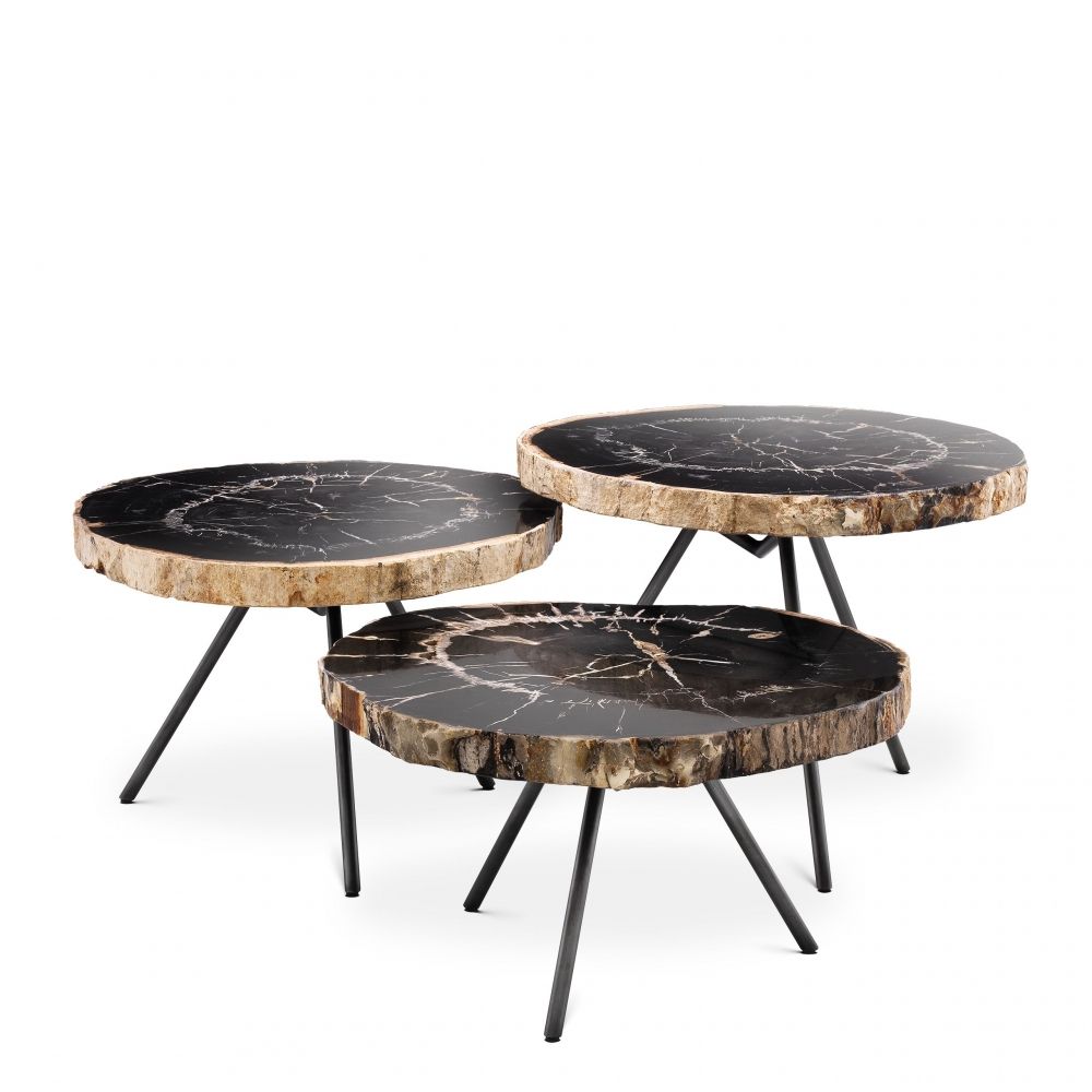 Set 3 masute de cafea Asimetrice din Otel inoxidabil si Lemn masiv Negru L50-70xH36/43/50cm Soto