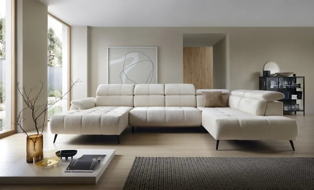 Coltar extensibil electric In forma de U  tapitat cu Chenille Aphrodite Crem cu lada depozitare Genova III